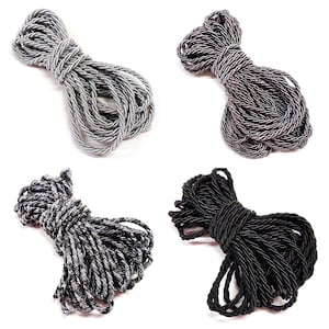 3mm Black Satin Twisted Cord, Gray Wrapped Thread Cord, Silver Polyester Braided Cord, Rope Cord - 3 Yards/1 piece