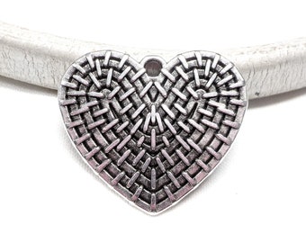 Silver Plated Heart Pendant, Large Love Pendant, Double Sided Pendant, Patterned Heart Pendant 25x29mm - 1 piece