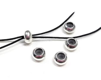 Silver Stopper Beads with Rubber Tube, Slider Stopper Beads, Smart Rondelle Clasps for Adjustable Bracelets for 2 Cords of 1mm each - 2 pcs