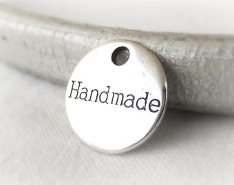 Handmade Logo Charm, Silver Handmade Logo Tag, Jewelry Tag, Jewelry Label, Engraved Tag, Metal Logo Tag, Greek Metal Casting Charm 14mm-2 pc