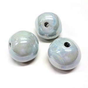 Round Ceramic Beads, Handmade Enameled Ceramic, Glazed Greek Ceramic, Organic Round Large Ceramic Beads, Iridescent Light Blue 35mm - 1pc