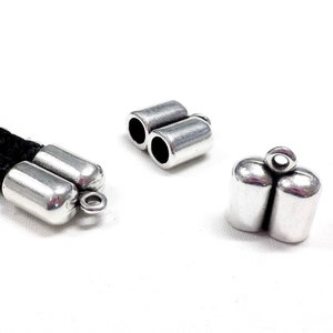 Silver Plated Double End Caps, Double Terminator, Double Cord Ends, Leather Edges, End Caps for Round Cords, 14x12mm (Ø 4.9mm each) - Pk2