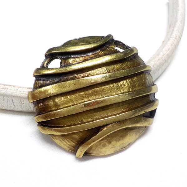 Bronze Round Pendant with Stripes, Extra Large Pendant, Two Holes Pendant, Ethnic Tribal Pendant, Boho Pendant, 41mm approx - 1 piece