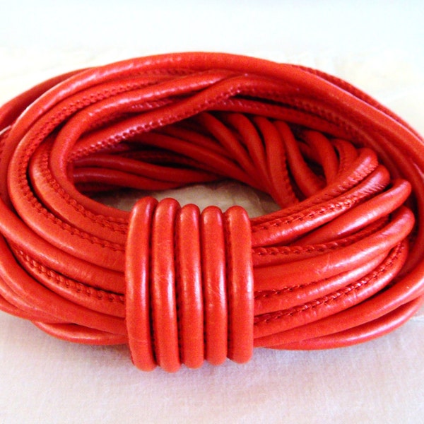 Red Eco Nappa Leather Cord, Faux Leather 5mm Cord, Stitched Cord, Sold in 1 Yard/  92cm approx.(1 piece)