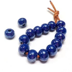 Round Ceramic Beads, Handmade Enameled Ceramic, Glazed Greek Ceramic, Organic Round Large Ceramic Beads, Electric Blue, 13.5x10.5mm - 2 pcs