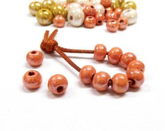 Orange perles rondes en céramique, fait à la main émaillé en céramique, carreaux en céramique grecque, bio rondes grosses perles en céramique, 10x8mm - 4 pcs