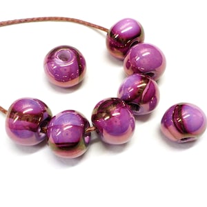 Round Ceramic Beads, Handmade Enameled Ceramic, Glazed Greek Ceramic, Organic Round Large Ceramic Beads, Fuchsia 14x18mm - 2 pieces