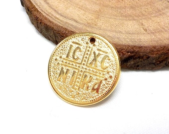 Gold Plated Round Cross Pendant, Constantine Coin Pendant, Byzantine Cross, Christian Pendant, Greek Disc ICXC NIKA 22mm - 1 pcs