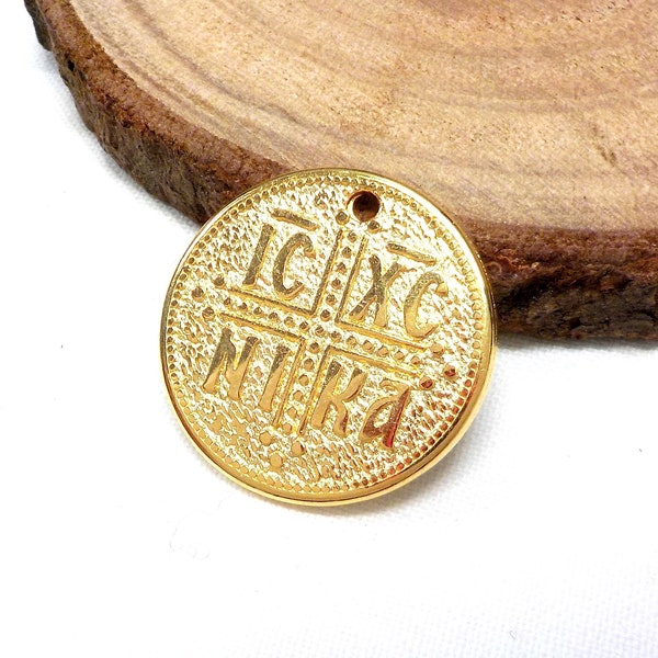 Gold Plated Round Cross Pendant, Constantine Coin Pendant, Byzantine Cross, Christian Pendant, Greek Disc ICXC NIKA 22mm - 1 pcs