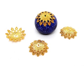 Gold Plated Filigree Bead Caps, Brass Flower Bead Caps, Filigree End Caps, Flower Caps, Slider Beads, Spicer Beads, 16mm, hole 1mm - 6 pcs