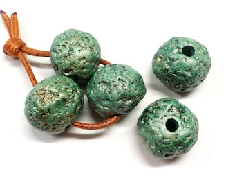 Irregular Round Ceramic Beads, Matte Ceramic Slider, Handmade Greek Ceramic Ball, Organic Round Ceramic Ball, Green Gold 23mm (Ø 5mm) -2 pcs