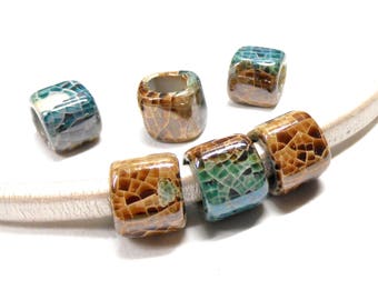 Ceramic Bead Tube Slider for Oval Cord, Turquoise Caramel Crackle Ceramic Cube Enameled Ceramic Bead for Oval Licorice Leather 10x6mm - 1 pc