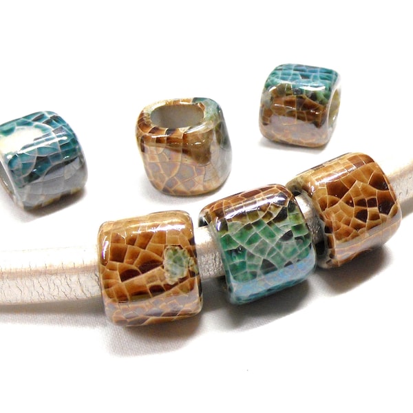 Ceramic Bead Tube Slider for Oval Cord, Turquoise Caramel Crackle Ceramic Cube Enameled Ceramic Bead for Oval Licorice Leather 10x6mm - 1 pc
