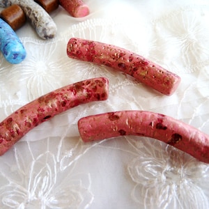 Inlay Pink Ceramic Beads, Ceramic Curved Bars, Handmade Greek Ceramic Beads 49x9mm, Hole 3mm - 2 pieces
