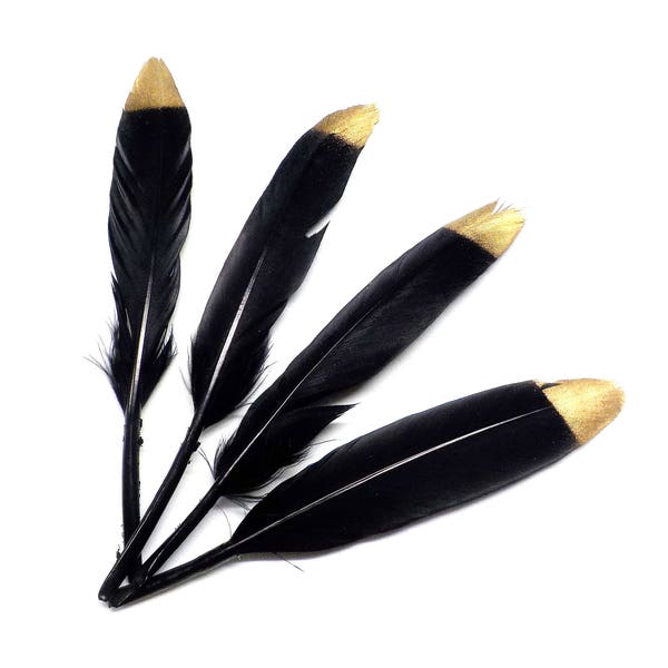Black Gold Dipped Natural Feathers, Gold Painted Black Feathers, Wedding Craft Jewellery Decoration Dream Catcher Feathers, 4.5-4.7"- 2 pcs