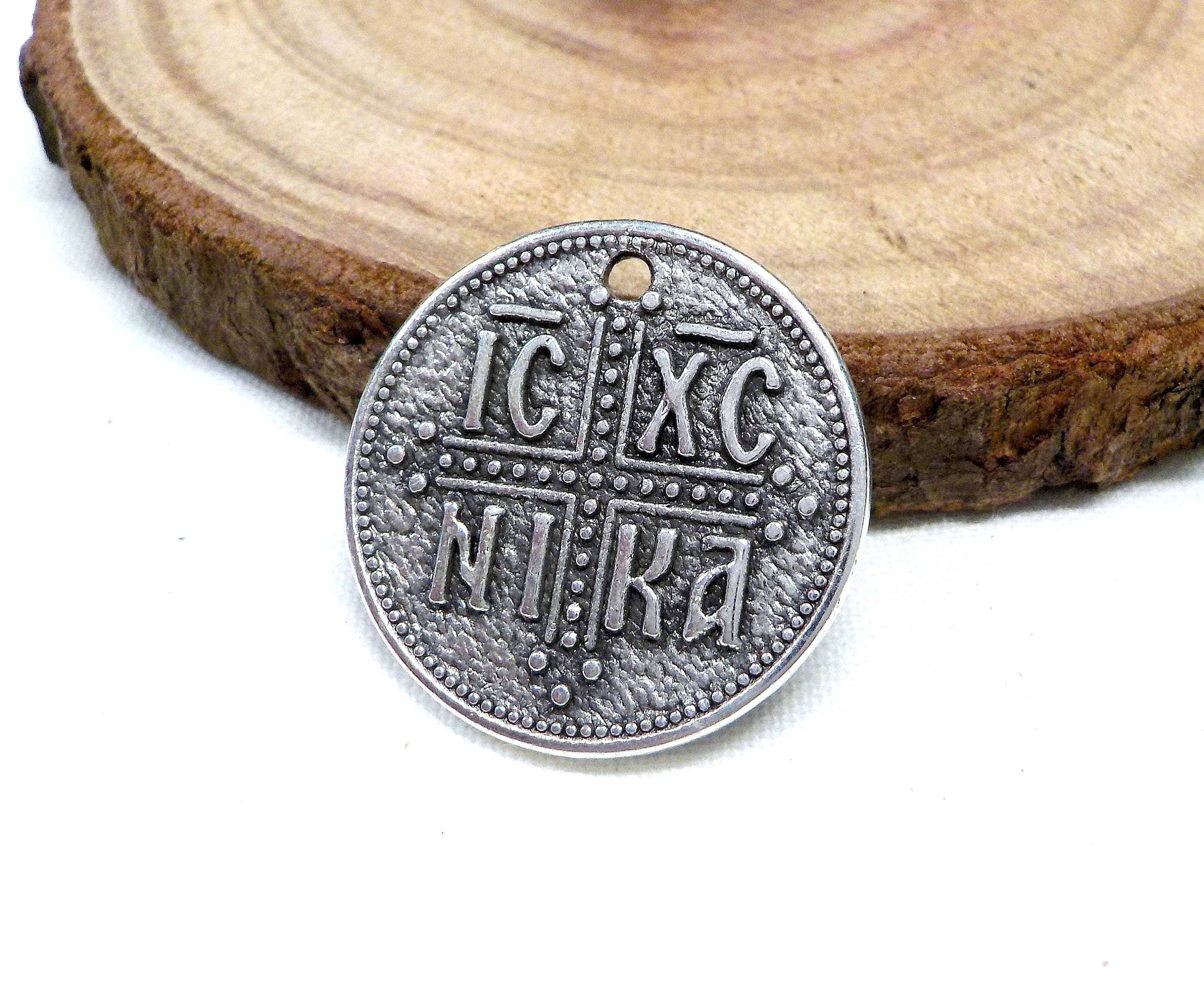 999 Silver Plated Round Cross Pendant, Constantine Coin