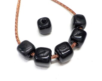 Black Ceramic Cube Bead, Handmade Enameled Ceramic Beads, Glazed Greek Ceramic, Cube Ceramic Slider 8mm (Ø 2mm) - 2 pcs