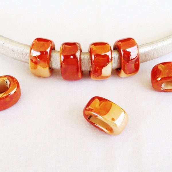 Ceramic Bead Tube Slider Orange Yellow Multi, Enameled Ceramic, Orange ceramic Tube, Big Hole Bead Glazed Ceramic for Cords 10x6mm - 1 pc