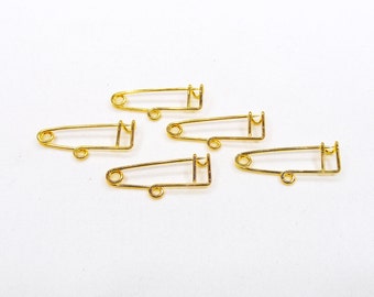 Gold Plated One Loop Safety Pin Brooch, 1 Hook Safety Pin Brooch, Charm Holder, 30x1mm - 10 pieces