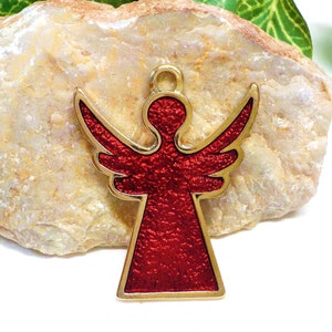 Gold Red Enamel Angel Pendant, Good Luck Angel Pendant, Guardian Angel Pendant, Christmas Angel Pendant, Angel Faith Pendant 49x39mm - 1 pc
