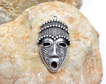 Silver African Mask Pendant, African Traditional Mask, Ethnic Pendant, Tribal Face Pendant, Greek Casting, People Pendant, 20x30mm - 1 piece