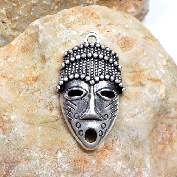 Silver African Mask Pendant, African Traditional Mask, Ethnic Pendant, Tribal Face Pendant, Greek Casting, People Pendant, 20x30mm - 1 piece