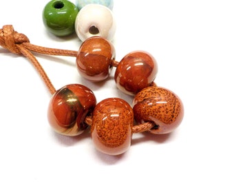 Round Ceramic Beads, Handmade Enameled Ceramic, Glazed Greek Ceramic, Organic Round Large Ceramic Beads Copper 14x18mm - 2 pcs