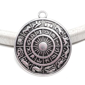 Silver Plated Zodiac Disc Pendant, Horoscope Pendant, Astrology Pendant, Large Round Zodiac Pendant, Zodiac Sign Pendant 30mm - 1 piece