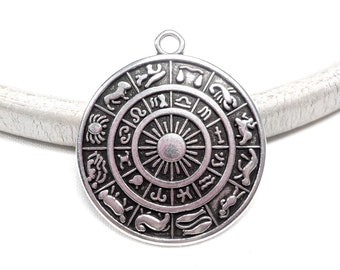 Colgante de disco del zodiaco bañado en plata, colgante del horóscopo, colgante de astrología, colgante grande redondo del zodiaco, colgante del signo del zodiaco de 30 mm - 1 pieza