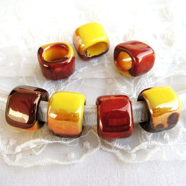 Ceramic Bead Tube Slider for Oval Cord, Yellow Red Orange Multi Ceramic Cube, Enameled Ceramic Bead for Oval Licorice Leather 10x6mm - 1 pc