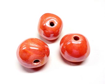 Round Ceramic Beads, Handmade Enameled Ceramic, Glazed Greek Ceramic, Organic Round Large Ceramic Beads, Coral Greek Ceramic Ball, 35mm- 1pc