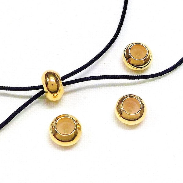 Gold Stopper Beads with Rubber Tube, Slider Stopper Beads, Smart Rondelle Clasps for Adjustable Bracelets for 2 Cords of 1mm each - 2 pcs
