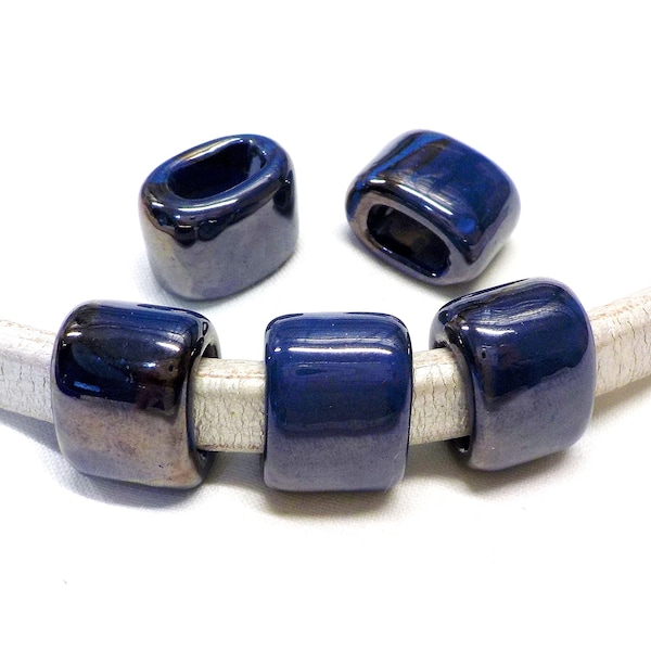 Ceramic Bead Tube Slider for Oval Cord, Mauve Blue Silver Ceramic Cube, Enameled Ceramic Bead for Oval Licorice Leather 10x6mm - 1 pc