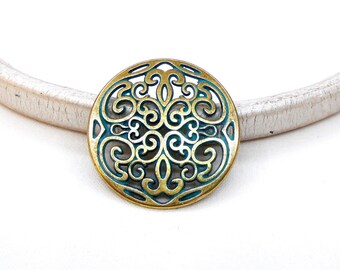 Green Patina over Brass Filigree Round Connector, Greek Metal Cast, Verdigris Patina, Metal Zamak Cast Filigree Pendant 31mm  - 1 piece