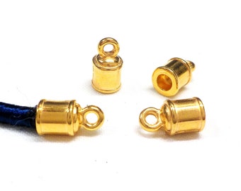 24K Gold End Caps, Cords Edge, Cord End Hat, Cord Ends, Cord Terminators, End Clasps, Barrel End Caps, Hole 3.2mm for 3mm Cord - 2 pcs