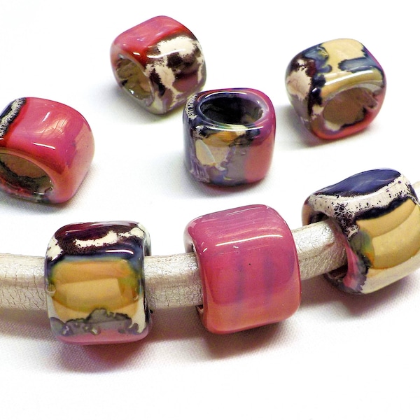 Ceramic Bead Tube Slider for Oval Cord, Violet Purple Multi Ceramic Cube, Enameled Ceramic Bead for Oval Licorice Leather 10x6mm - 1 pc