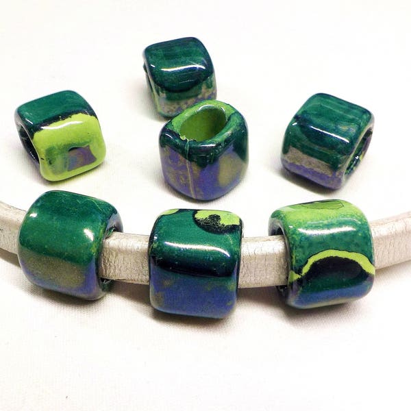 Ceramic Bead Tube Slider for Oval Cord, Green Blue Yellow Multi Ceramic Cube, Enameled Ceramic Bead for Oval Licorice Leather 10x6mm - 1 pc