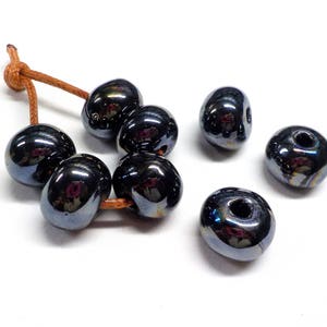 Round Ceramic Beads, Handmade Enameled Ceramic, Glazed Greek Ceramic, Organic Round Large Ceramic Beads, Iridescent Black 14x18mm - 2 pcs