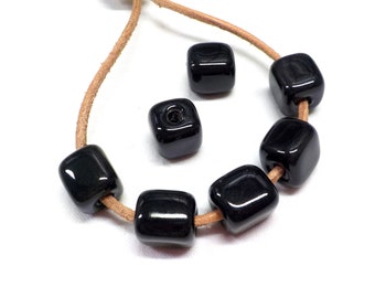 Black Ceramic Cube, Handmade Enameled Ceramic Beads, Glazed Greek Ceramic, Cube Ceramic Slider 10mm (Ø 2.7mm) - 2 pcs