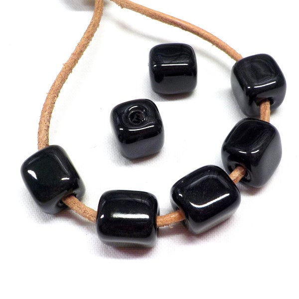 Black Ceramic Cube, Handmade Enameled Ceramic Beads, Glazed Greek Ceramic, Cube Ceramic Slider 10mm (Ø 2.7mm) - 2 pcs