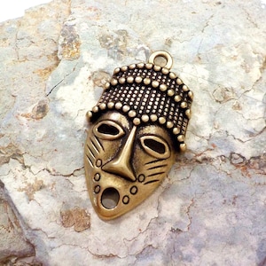Bronze African Mask Pendant, African Traditional Mask, Ethnic Pendant, Tribal Face Pendant, Greek Casting, People Pendant, 20x30mm - 1 piece