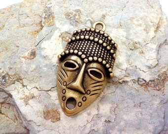 Bronze African Mask Pendant, African Traditional Mask, Ethnic Pendant, Tribal Face Pendant, Greek Casting, People Pendant, 20x30mm - 1 piece