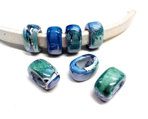 Ceramic Bead Tube Slider Blue Sea Green Multi, Oil On Water Enameled Ceramic, Big Hole Ceramic, Glazed Ceramic for Cords 10x6mm - 1 piece