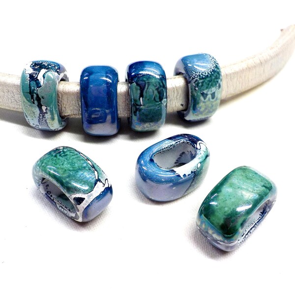 Ceramic Bead Tube Slider Blue Sea Green Multi, Oil On Water Enameled Ceramic, Big Hole Ceramic, Glazed Ceramic for Cords 10x6mm - 1 piece