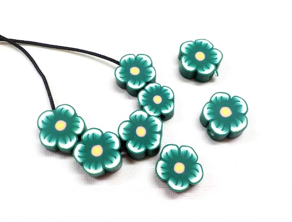 Fimo Polymer Clay Green Flowers Beads, Blossom Flower Beads, Round