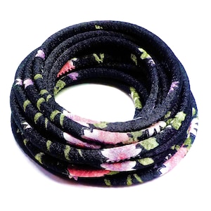 Black Japanese Style Fabric Satin Cord, Round Floral Cord, Textile Cord, Fabric Rope, Textile Fabric Jewelry, 6.5mm - 1Yard/ 92cm (1 pc)
