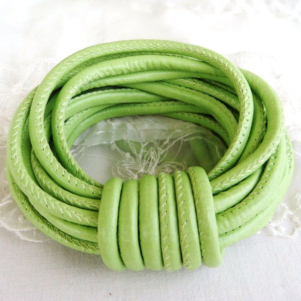 Light Green Eco Nappa Leather Cord, Faux Leather 5mm Cord, Stitched Cord, Sold in 1 Yard/  92cm approx.(1 piece)