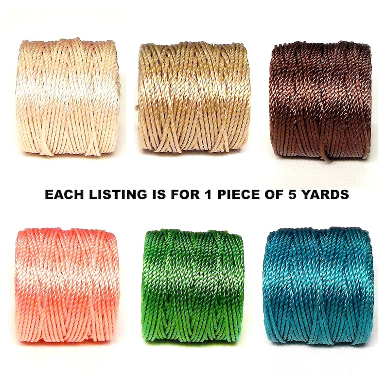 May include: Six spools of embroidery floss in various colors, including beige, brown, peach, green, and teal. Each spool contains 5 yards of floss. "EACH LISTING IS FOR 1 PIECE OF 5 YARDS" is written in black text below the spools.