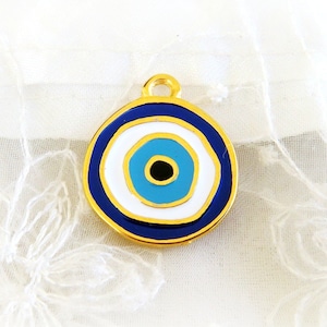 Gold Plated Blue Enamel Evil Eye Charm Pendant, Good Luck Pendant, Gold Metal, Round Evil Eye Pendant 20mm - 1 piece