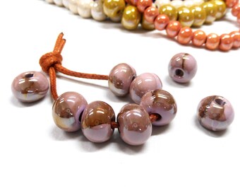 Pink Beige Round Ceramic Beads, Handmade Enameled Ceramic, Glazed Greek Ceramic, Organic Round Large Ceramic Beads 14x11mm (Ø 3mm) - 2 pcs